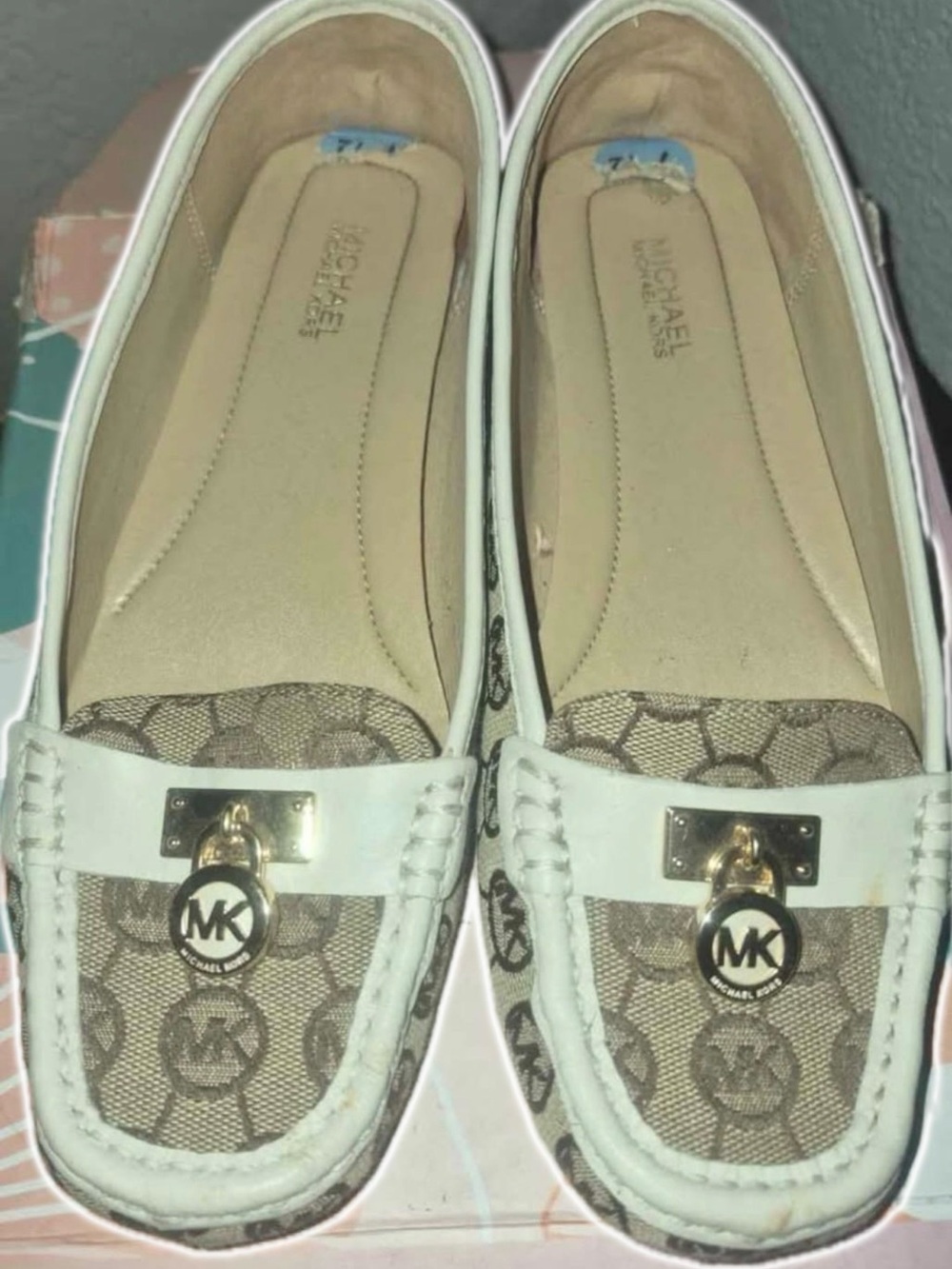 Michael Kors White and Brown Signature Logo Loafers